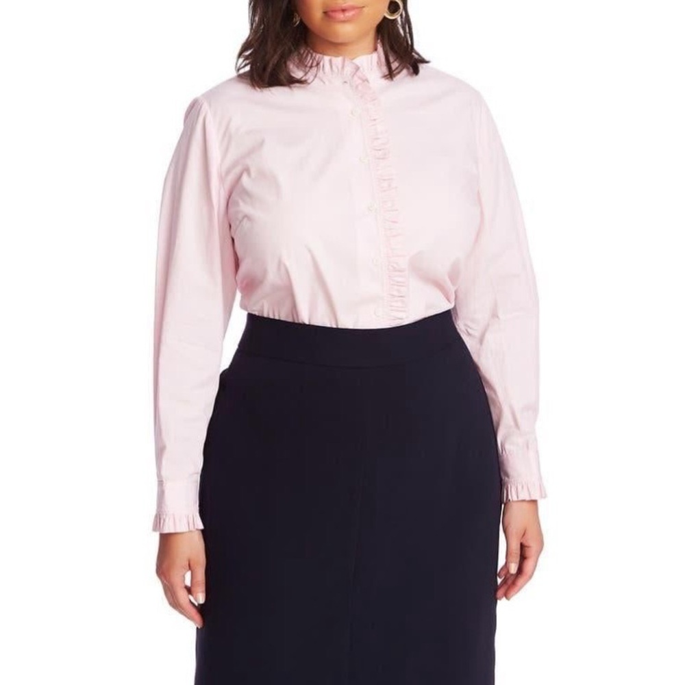Court & Rowe Ruffle Trim Button-Up Top in Chambray Pink - Picture 3 of 13